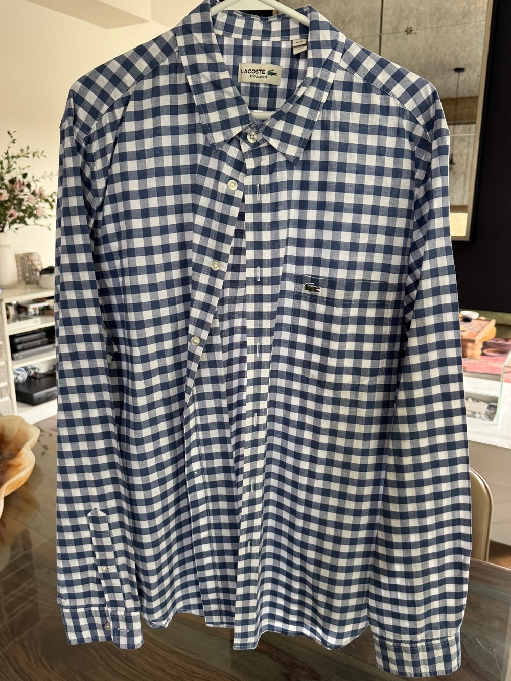 Lacoste Men’s Navy and White Gingham Button-Down Shirt